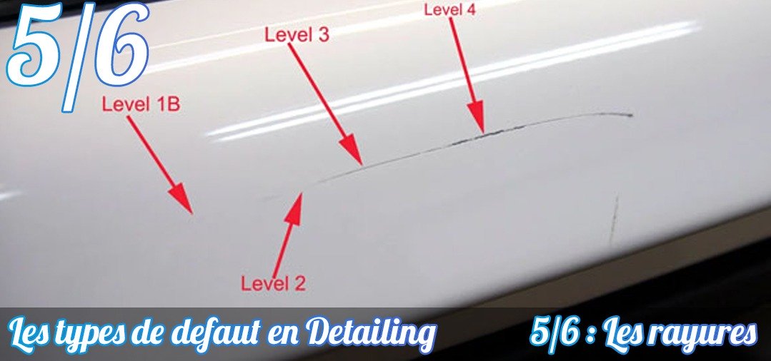 Différentes profondeur de rayures sont possibles. Elles sont ici caractérisées en niveau, le plus léger touchant la couche supérieur du vernis jusqu'à la plus profonde, touchant le panneau de carrosserie lui même, au métal !
