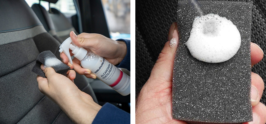 l application de la mousse nettoyante pour alcantara sur cet applicateur permet de nettoyer l'alcantara tout en douceur